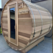 Dr. Andy Galpin’s cedar barrel sauna with a beautifully crafted wood finish by Forest Cooperage